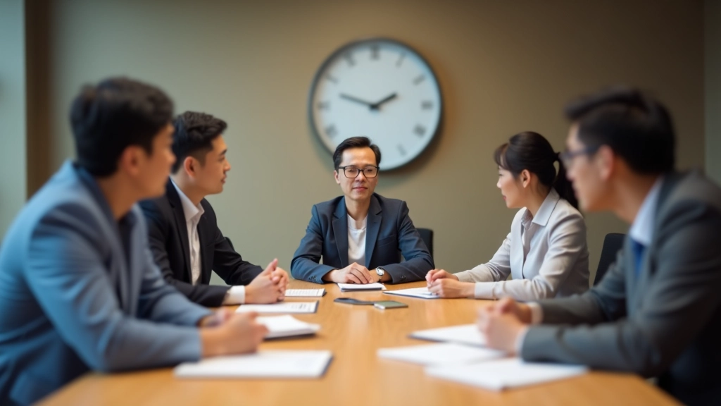 Team of professionals collaborating at a conference table with visible wall clock showing meeting progress