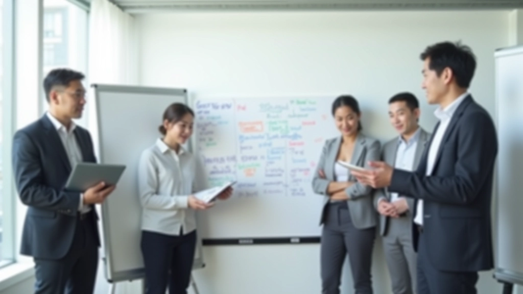 Team members gathered around a whiteboard during a planning meeting with sticky notes and diagrams visible