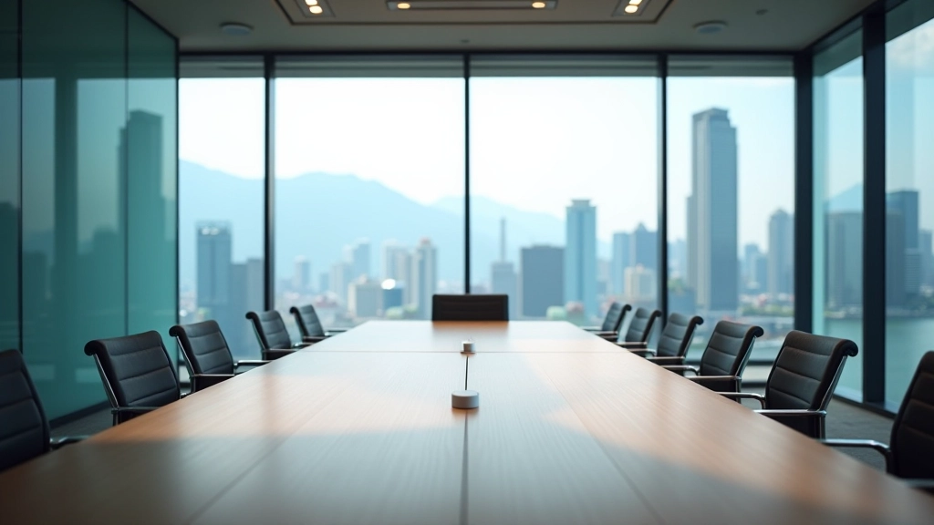 Modern professional meeting room with glass walls, Hong Kong office environment showing city skyline