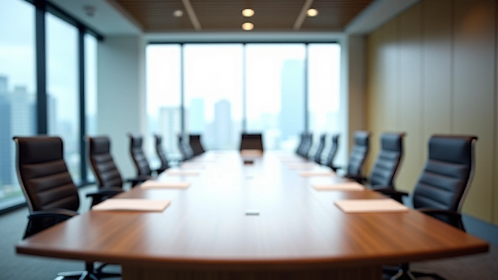 Professional meeting room with wooden table, chairs, and large windows showing Hong Kong skyline