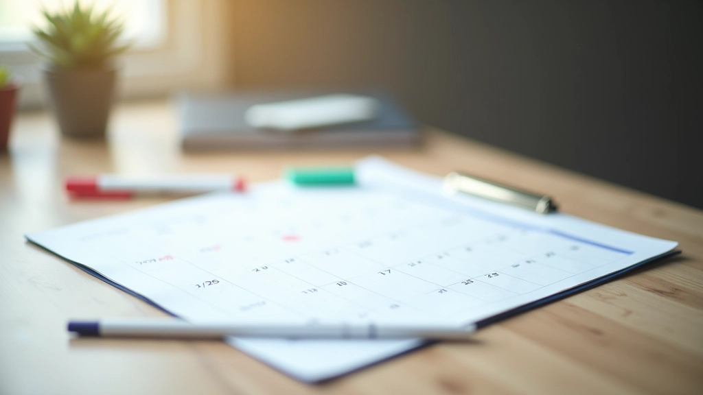 Calendar on desk with action item dates marked with colored highlighters and pen