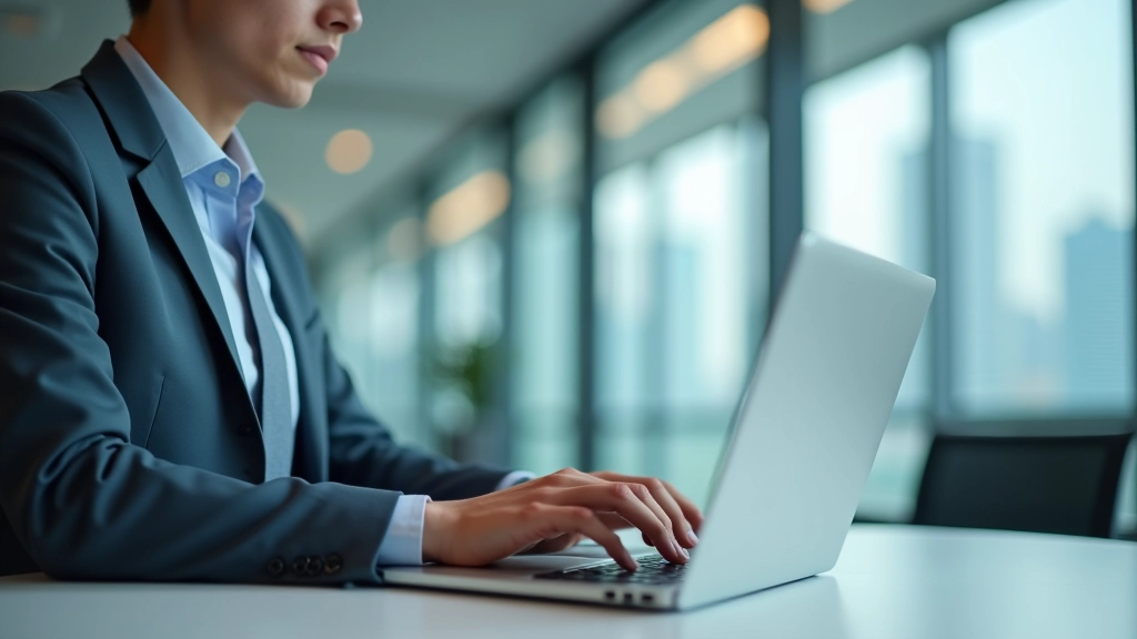 Project manager updating action items tracker on laptop with coffee nearby