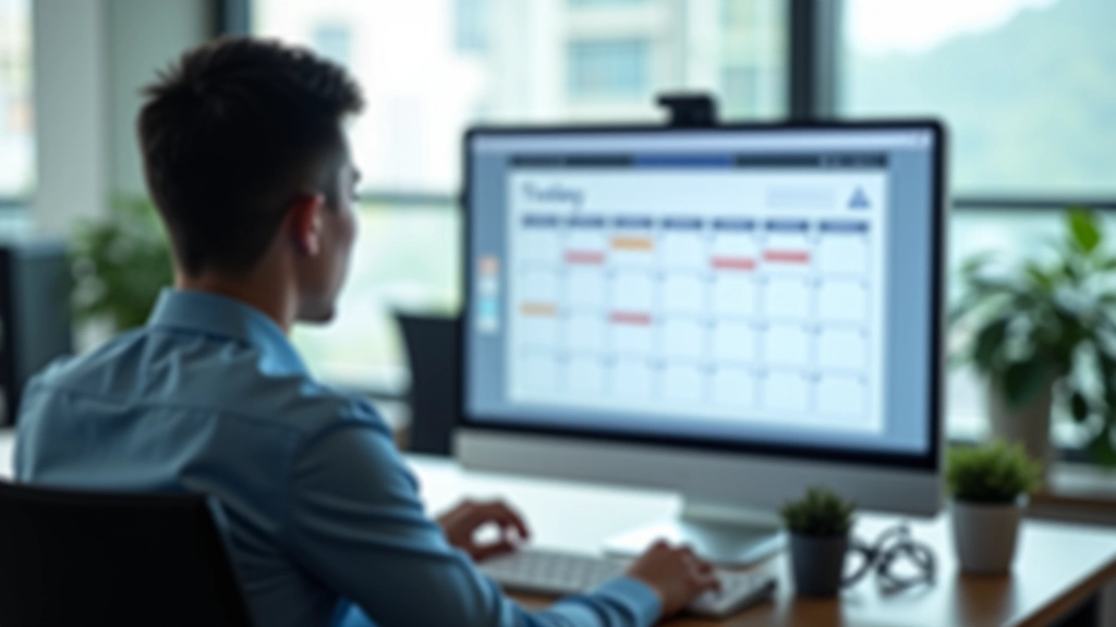 Office team reviewing calendar and scheduling on computer monitor showing meeting slots with time allocations