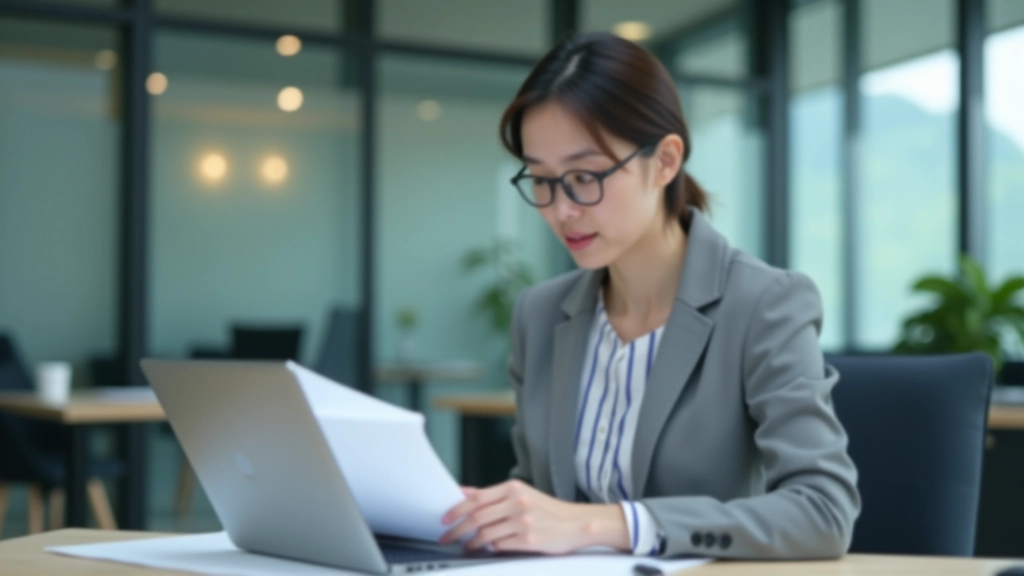 Business professional reviewing meeting notes at a desk with laptop and calendar visible in background