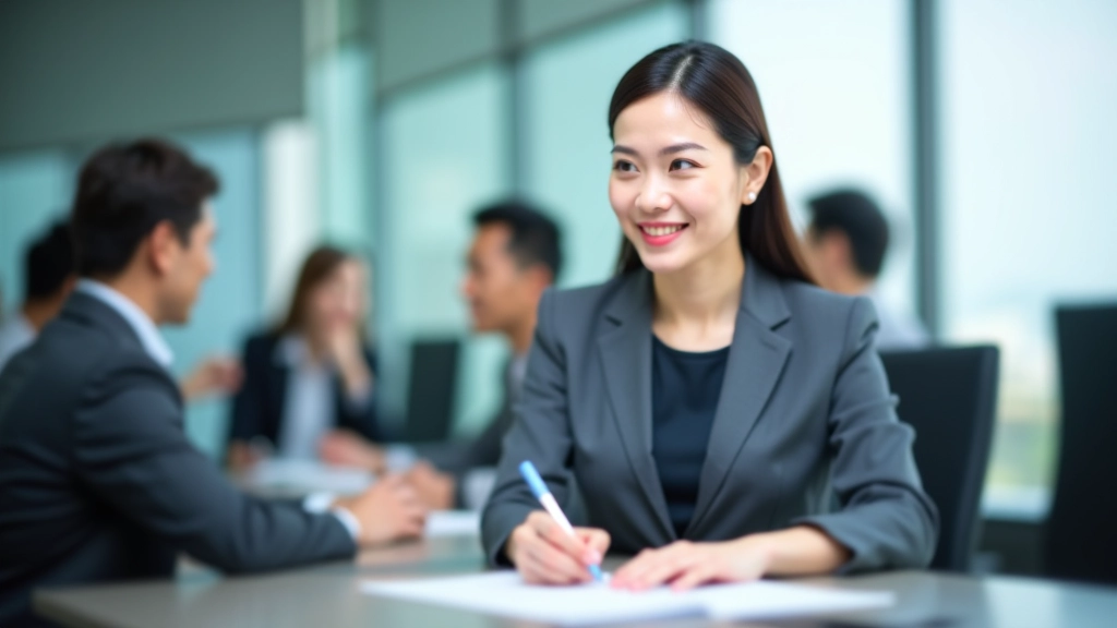 Person writing notes at desk during a meeting with colleagues visible in background